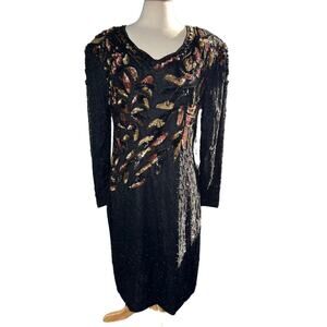 Silky Nites by Cherish 100% Silk Beaded Vintage Mini Dress Flapper Boho Party